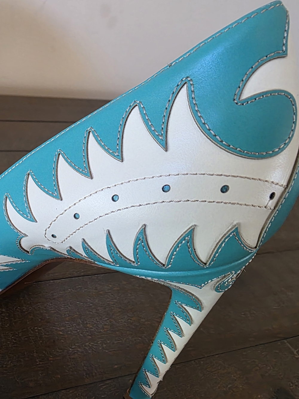 Ralph Lauren Made In Italy Celia Western Pumps Aqua Cream Leather - EU 39 US 8 - Picture 6 of 16